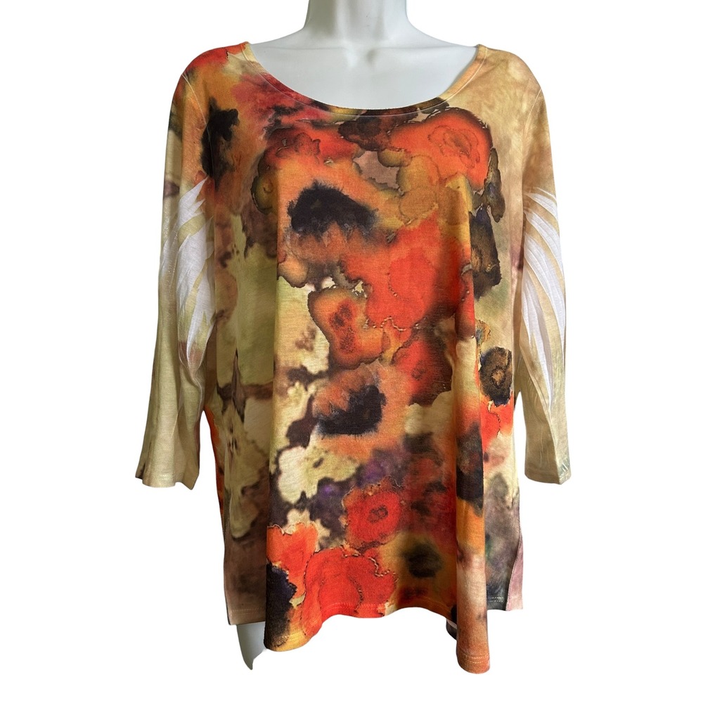Coldwater Creek 1X Abstract Floral Print 3/4 Sleeve Top Made in USA